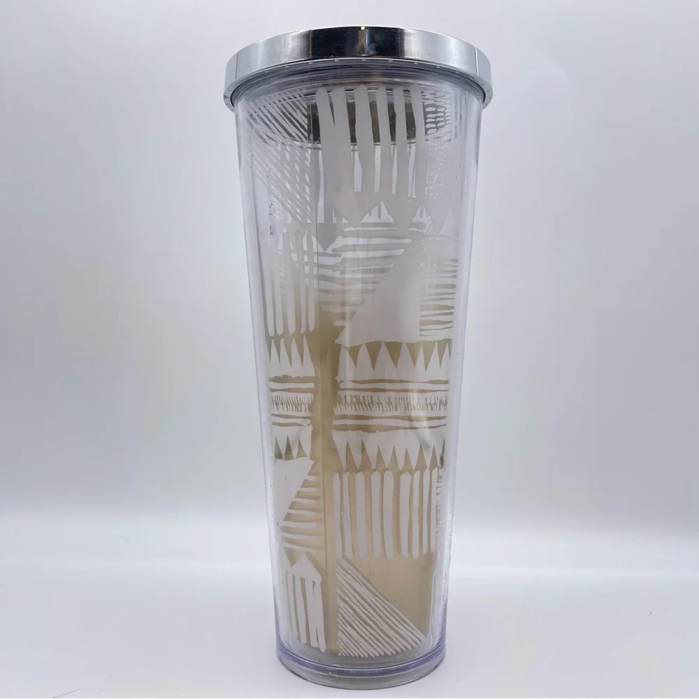 Starbucks 2014 Gold Silver White Ombré Tribal Aztec Geometric Print Tumbler Cup